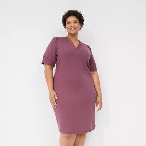 Lane Bryant V-Neck French Terry With Woven Trim Dress — Mauve Plum 18/20